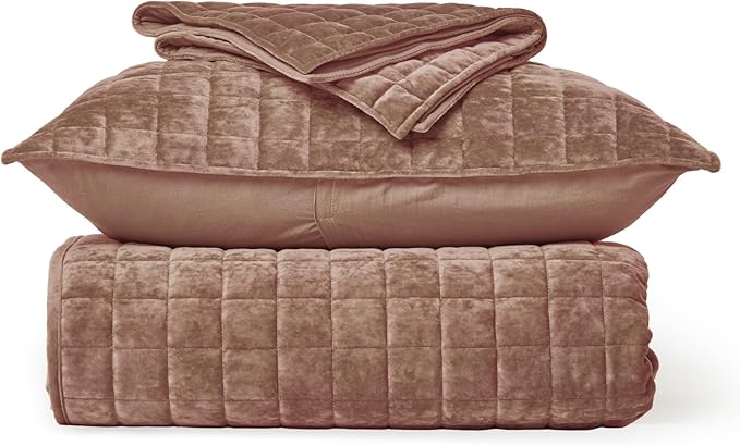 RECYCO Luxury Velvet Quilt Queen Size Bedding Set, Ultra Soft Velvet Comforter Set, Lightweight Quilted Channel Box Stitch Oversized Bedspread Coverlet for All Season, with 2 Shams, Terracotta Clay