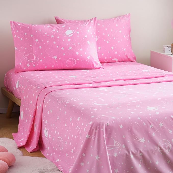 JSD Gradient Pink Moon Stars Kids Sheet Set Twin Size, 3 Piece Space Theme Microfiber Sheets Deep Pocket