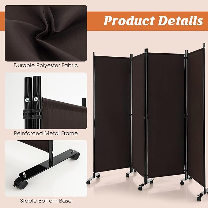 GOFLAME 4 Panel Folding Room Divider, 6FT Rolling Privacy Screen with Lockable Wheels, Portable Room Partition Screen, Freestanding Wall Divider and Separator for Home Office, Brown