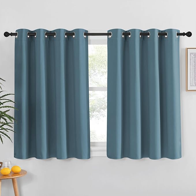 NICETOWN Kitchen Short Blackout Curtain and Drape - Thermal Insulated Solid Grommet Blackout Panel for Patio Bedroom Living Room (Single Panel, 52 inches by 45 inches, Smoky Blue)