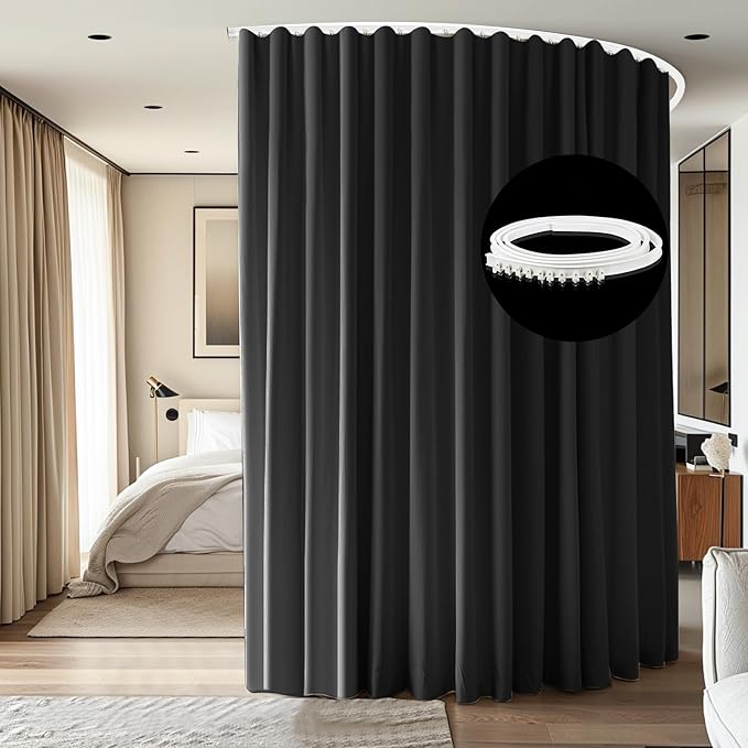 Room Divider Ceiling Mounted Curtains Track Sets Extra Wide Blackout Curtain Flexible Tracks for Bedroom Privacy Partition Separator,1 Panel Black Drape and White Rail, W15 x H10ft