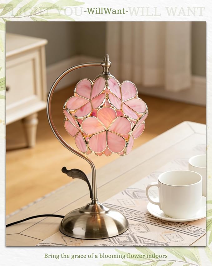 Tiffany Style Flower Table Lamp, Vintage Cherry Blossom Stained Glass Lamp with Brass Base for Bedroom Bedside Home Decor, Blush Coral (Pink)