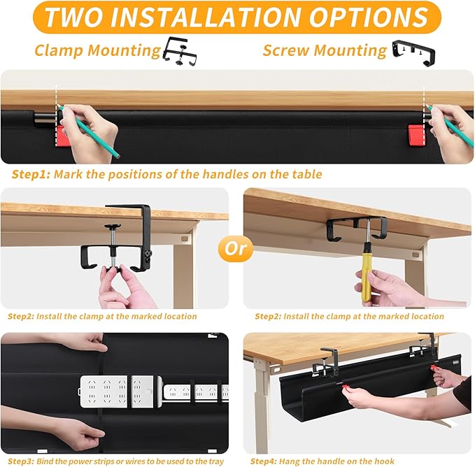 No Drill Under Desk Cable Management Tray, 48" Cord Organizer with Clamp, Fabric Cable Management for Standing Desks, Ideal for Home & Office - Black