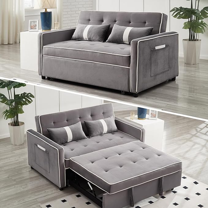 Convertible Sofa Bed, 3-in-1 Loveseat Futon Sofa Bed with 3-Position Adjustable Backrest & Side Pocket, Modern Velvet Fabric Pull Out Couch for Living Room, Small Spaces (Grey)