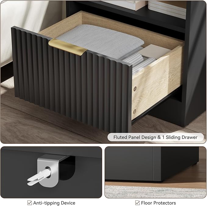 3-Piece Fluted Black Dresser and Nightstand Set, 63” Wide Bedroom Dresser Set Night Stand Set of 2 with Metal Handle, Modern Wood Chest of Drawers Storage Dressers Set for Bedroom, Black