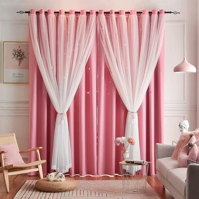 Star Blackout Curtains - 2 Panel Set, 84 Inches Long, Pink, Nursery & Girls' Room, Cute Kids Design