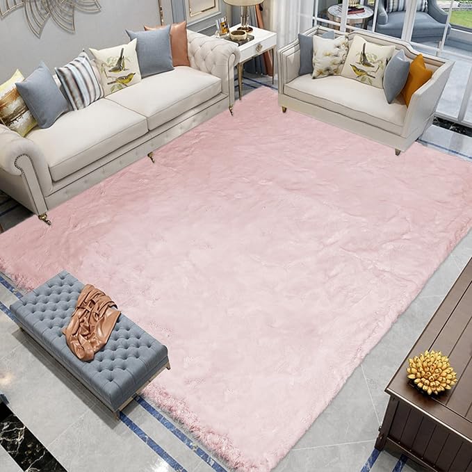 Latepis 6x9 Light Pink Faux Rabbit Fur Living Room Washable Furry Non-Slip Rugs for Bedroom Floor Shaggy Large Area Rug for Nursery Boho Rug