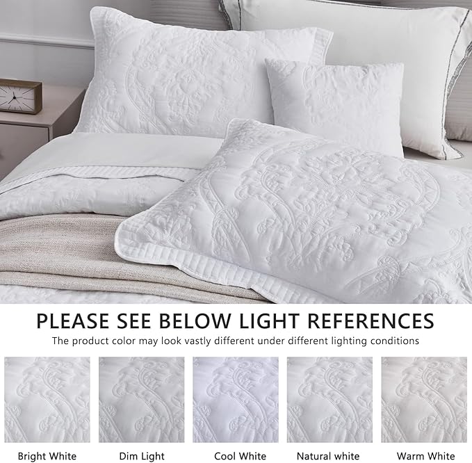 CHIXIN Oversized King Bedspread 128x120 Extra Wide - Lightweight Bedding Cover - Beautiful Stitching - 5 Piece Reversible Bedspread - Gorgeous Damask Paisley Pattern (King/Cal King, Pure White)