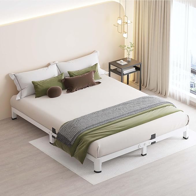 MAF 4 Inch King Metal Platform Bed Frame White with Round Corner Legs, Mattress Slide Stopper, 3000 LBS Heavy Duty Steel Slats Support, Noise Free, No Box Spring Needed, Easy Assembly