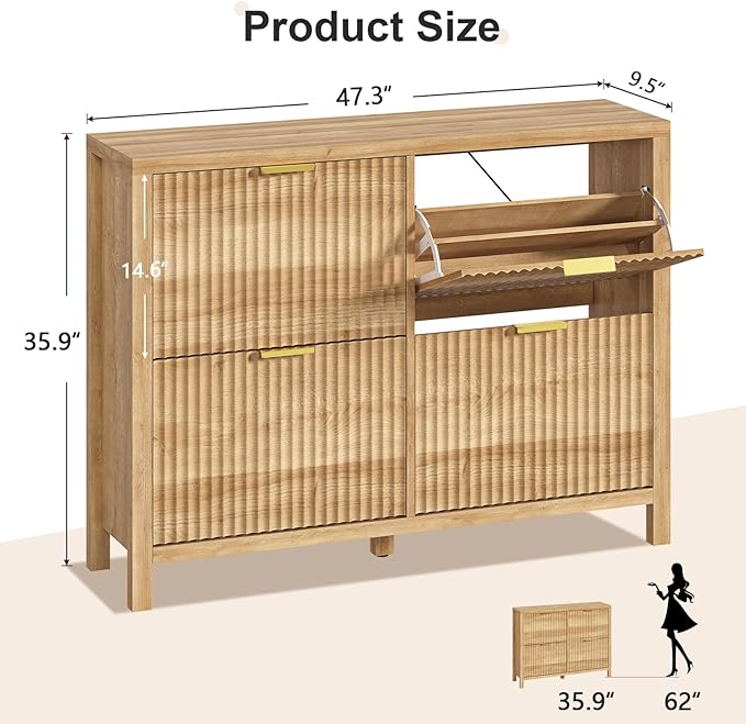 Shoe Cabinet Storage for Entryway, Fluted Shoe Cabinet with 4 Flip Drawers, Hidden Shoe Rack Freestanding Wooden Shoe Organizer with Legs for Hallway, Oak