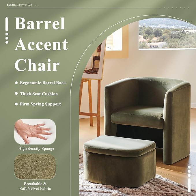 Mid-Century Velvet Living Room Chair Set of 2 with Storage Ottoman, Space-Saving Accent Chairs for Bedroom/Reading Spaces/Office, Green