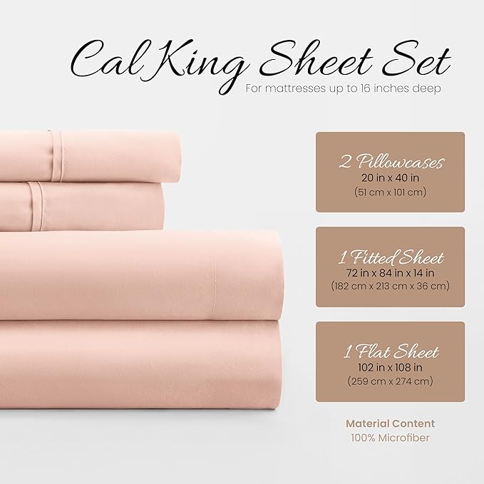 Linen Market Bed Sheets for California King Size Bed (Blush) - Sleep Better Than Ever with These Soft and Cooling California King Sheets - Deep Pocket Fits 16" Thick Beds - 4 Piece Cal King Sheet Set