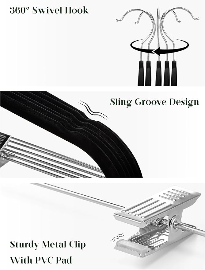 Cozymood Velvet Skirt Hangers 24 Packs Velvet Hangers with Clips Ultra Thin Non Slip Velvet Pants Hangers Space Saving Clothes Hanger for Trouser, Skirts, Jeans (Black)