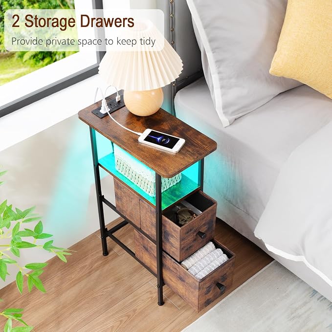 LOAKEKEL Narrow End Table Living Room with Charging Station, Skinny Side Table with Fabric Drawers, Slim LED Nightstand for Bedroom, Small Spaces, Couch, Rustic Brown, HETNDP02LPBR-1