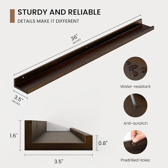 Picture Ledge Shelf, Floating Shelves Set of 2, 36 Inches Solid Wood Nursery Book Shelves for Toys Storage, Kids Bookshelf Wall Mounted for Living Room Bedroom Decor Books Photo Frames, Walnut