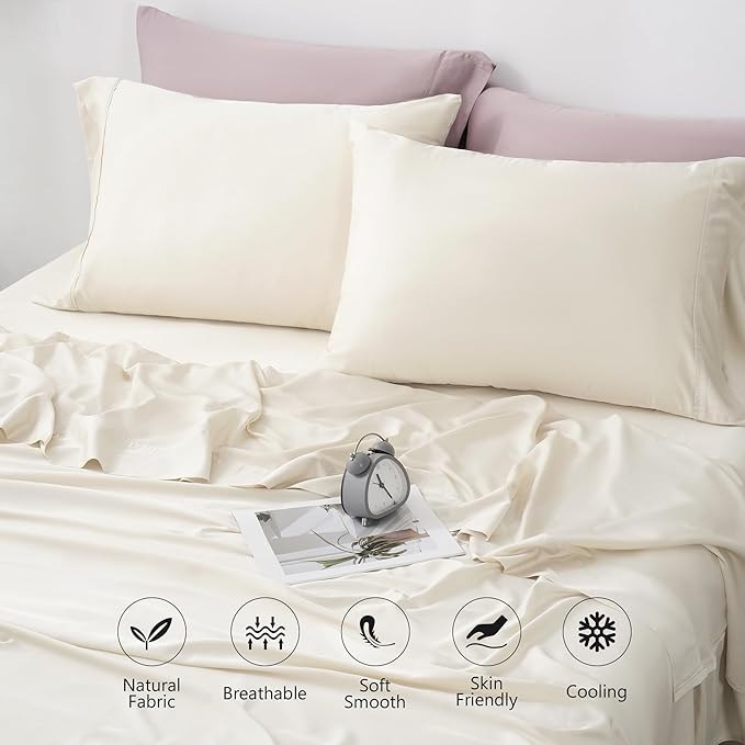 400TC Queen Sheets, Rayon Derived from Bamboo, Cooling Bed Sheets Set,Deep Pocket Up to 16", 4 Pieces Silky Soft, Breathable Bedding Sheets & Pillowcases,Cream