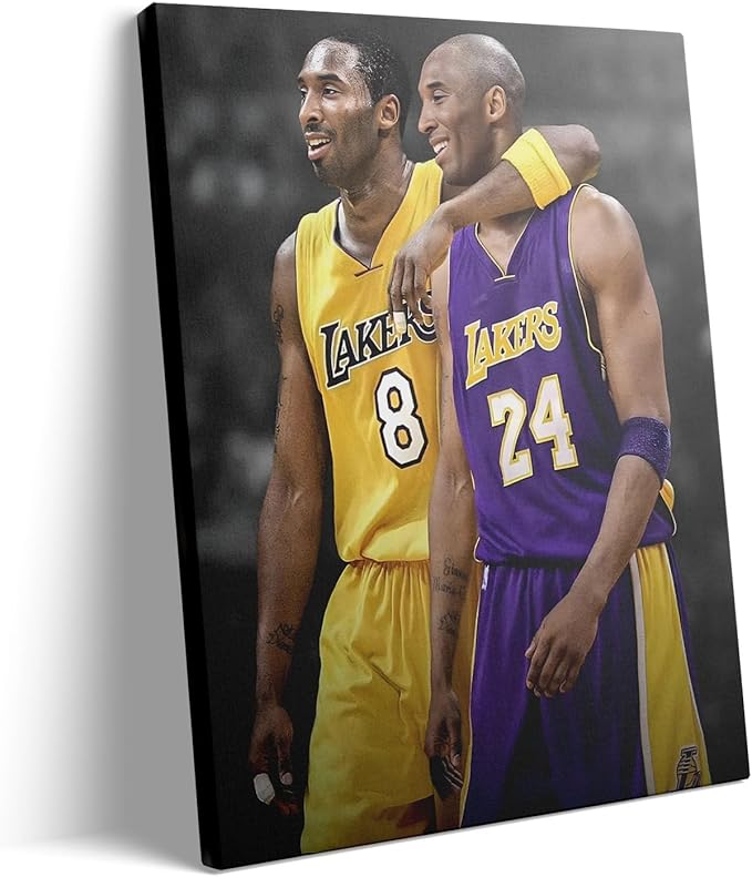 Kobe Bryant Canvas Wall Art Print Poster, Iconic Basketball Player Dual-Era Tribute Artwork, No. 8 and No. 24 Jersey Mamba Mentality Wall Decor for Home Gym Dorm Office Living Room, Framed 20x24inch