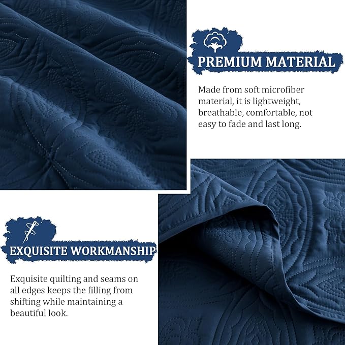Yiran Navy Blue Quilt Set Queen Size Lightweight Bedspread Embossed Pattern Soft Microfiber Coverlet for All Season with 2 Pillow Shams (96"x90")