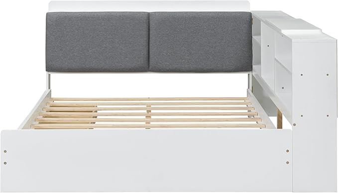 Ball & Cast Full Size Wooden Storage Daybed Frame, Modern Platform Bed with Drawers & Flip Headboard & Shelves, L Shaped Full Floor-Bed w/Upholstered Headboard&Storage, No Box Spring Needed, White