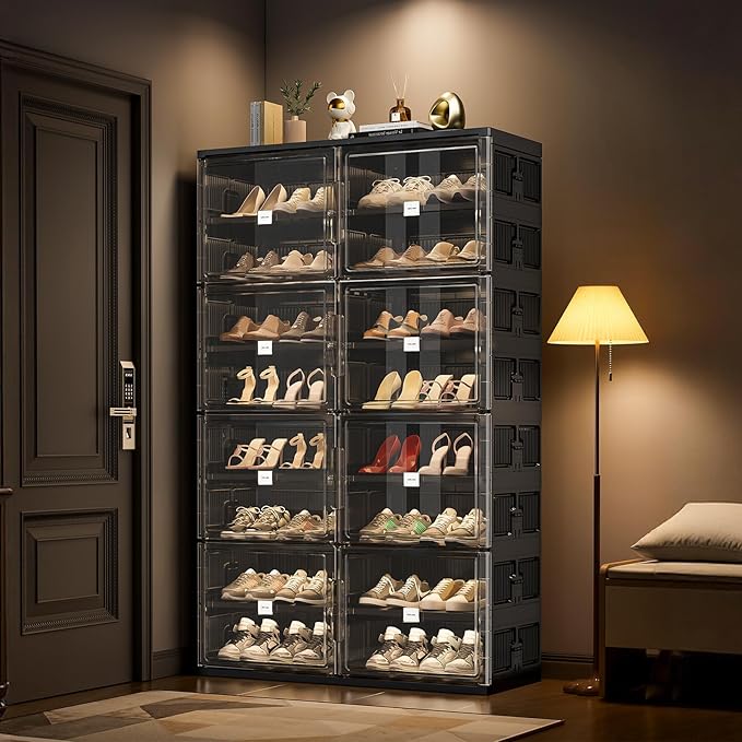 JEKO&JEKO 10-Tier Foldable Shoe Storage Cabinet with Magnetic Doors, Large Stackable Shoe Organizer Cabinet for Entryway, Clear Front Door Shoe Boxes Hold Up to 40 Pairs (Black)