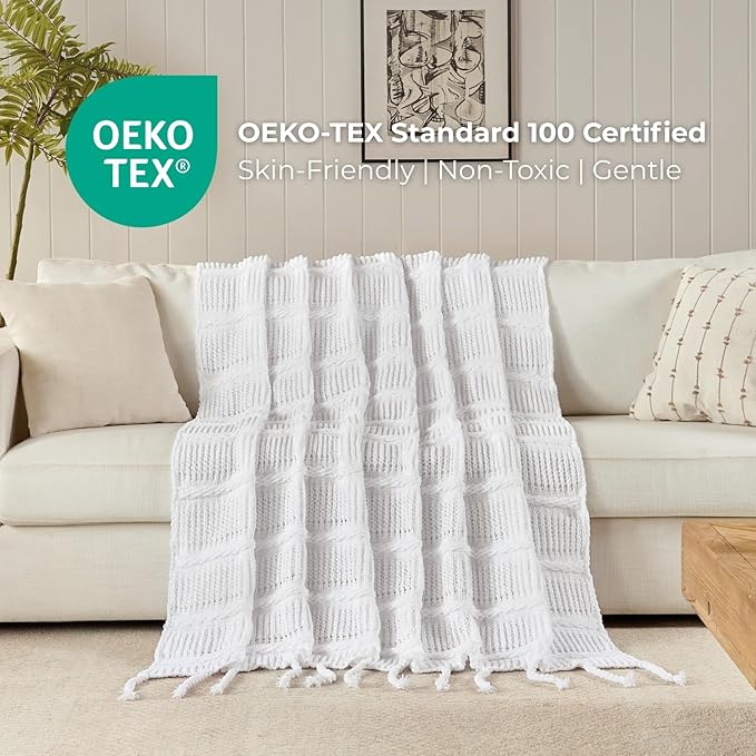 Boho Knitted Chenille Blanket with Tassels - Lightweight & Soft All-Season Throw - 3D Classic Pattern for Living Room Bedroom Couch, Cloud White, King 90"x108"
