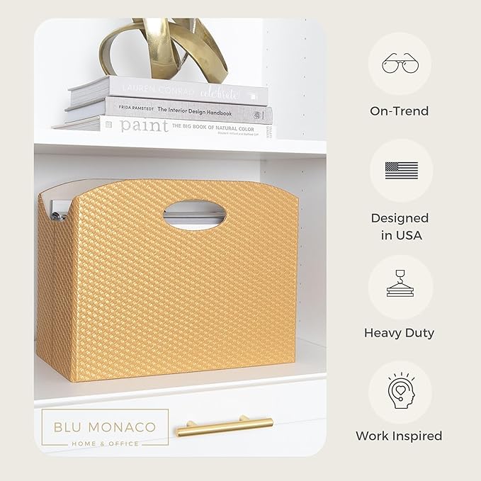 BLU MONACO | Gold Magazine Holder | Woven PVC Leather Organizer with MDF Frame | Floor or Table Storage for Home Office Bathroom | Large Capacity Vertical File Basket