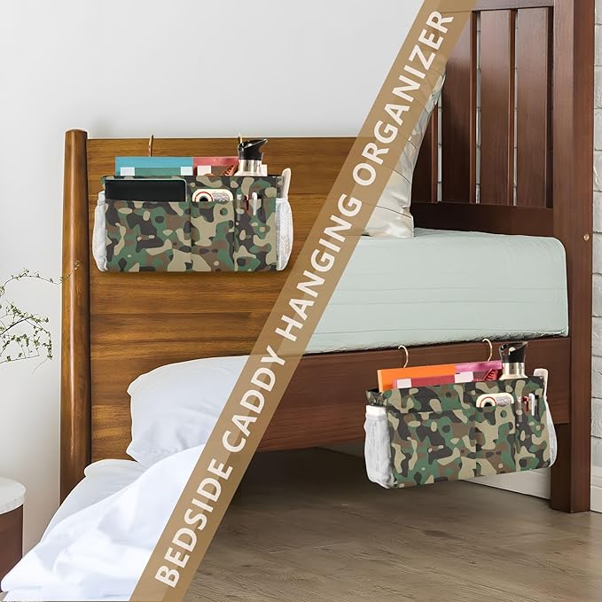Bedside Caddy Hanging Bunk Bed Caddy Bed Organizer Hanging Pocket with 2 Hooks Bedside Storage Organizer Pocket Bag Holder Camouflage Green