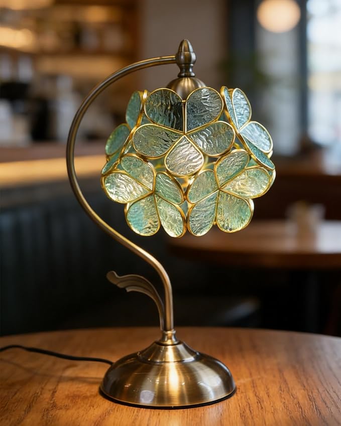 Tiffany Style Flower Table Lamp, Vintage Cherry Blossom Stained Glass Lamp with Brass Base for Bedroom Bedside Home Decor, Vintage Mint (Blue-Green)