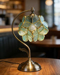 Tiffany Style Flower Table Lamp, Vintage Cherry Blossom Stained Glass Lamp with Brass Base for Bedroom Bedside Home Decor, Vintage Mint (Blue-Green)
