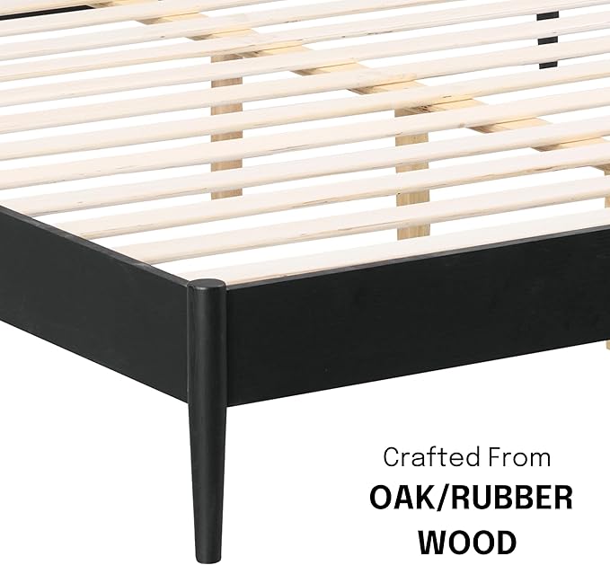 NTC Lupin Wooden Bed Frame with Headboard and Natural Rattan, Solid Oak Foundation with Silent Slats, 1000 Lb Capacity, Effortless Assembly, King - Burnt Black