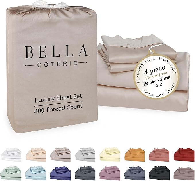 Bella Coterie Luxury Bamboo Viscose King Size Sheet Set | 100% Organically Grown | Ultra Soft | Cooling for Hot Sleepers | 18" Deep Pocket [Dune]