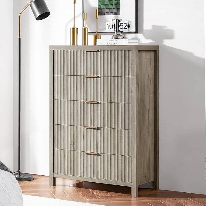 5 Drawers Dresser for Bedroom, 44 Inches Tall Modern Bedroom Dressers, Chest of Drawers for Bedroom, Fluted Dresser for Closet Organizer for Living Room, Hallway, Entryway (Grey Oak, 2 Pieces)
