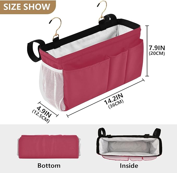 KOPIRIT Strawberry Red Bedside Caddy Storage Bag Bedside Organizer for College Dorm Top Bunk Bed Organizer Caddy Hanging Shelf 6 Pockets with Hooks for Glasses Book Tablet Holder