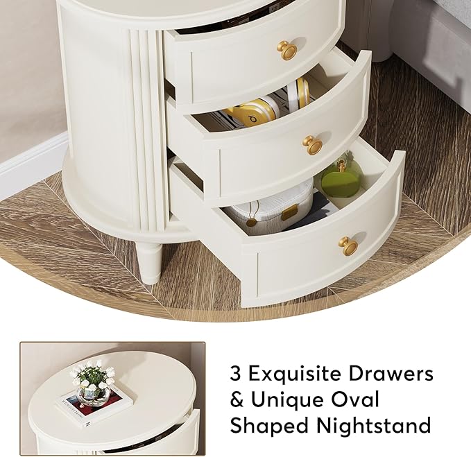 Tribesigns Nightstand with 3 Drawers, Oval Bed Side Table for Bedroom, Fully Assembled, Farmhouse Night Stand with Storage, Wooden Side End Table with Solid Wood Legs for Living Room, Beige White