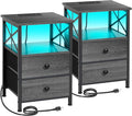 AMHANCIBLE Night Stand Set 2, LED Nightstand with Charging Station, End Tables Living Room with Fabric Drawers, Bed Side Table for Bedroom, Dark Grey HET052LDG