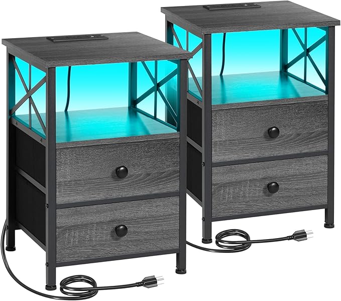 AMHANCIBLE Night Stand Set 2, LED Nightstand with Charging Station, End Tables Living Room with Fabric Drawers, Bed Side Table for Bedroom, Dark Grey HET052LDG