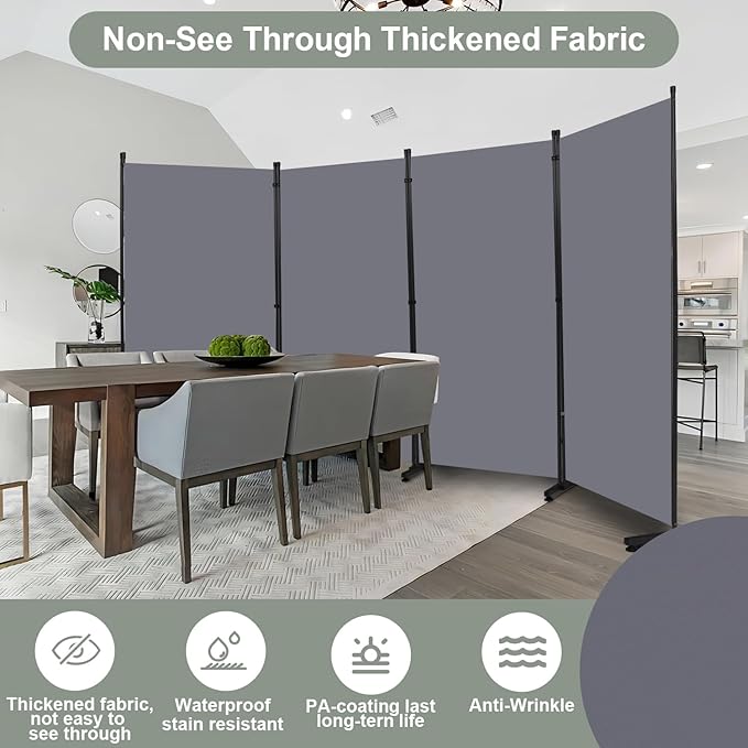 Room Divider Folding Privacy Screens with Wheels, 6FT Tall Divider for Room Separation, Movable Room Partitons and Dividers, Indoor Room Dividers Panel with Fabric (Grey, 4 Panel-136‘’-Round Pad)