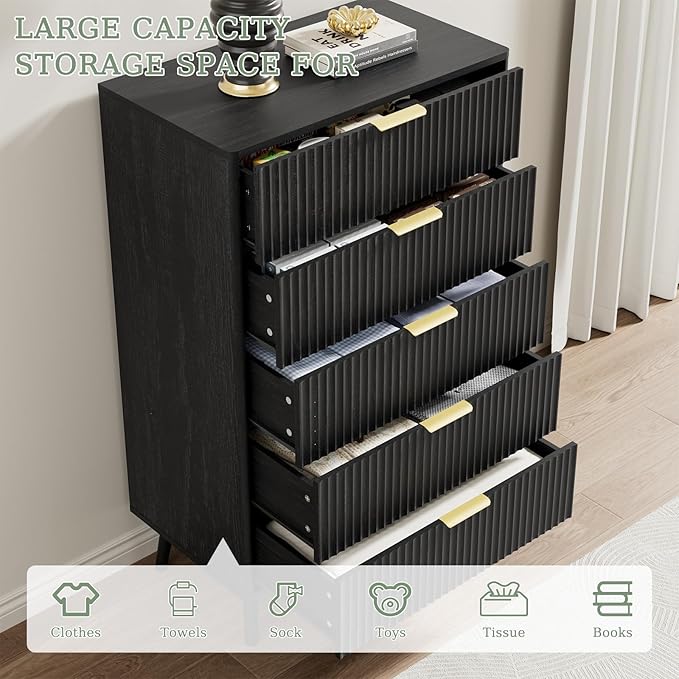 LYNSOM Fluted Dresser and Nightstand Sets 3 Piece, 5-Drawers Dresser and 1-Drawer Nightstands Set of 2, Wood Bedroom Furniture Set for Home, Bedroom, Hallway, Black
