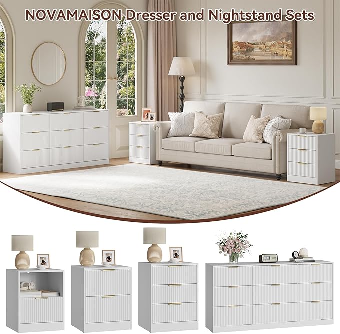 9 Drawer Fluted Dresser & Nightstand Set 3-Piece, 63” Long Dresser and Night Stand Set of 2, Fluted Modern Wood Chest of Drawers Storage Dressers Set for Bedroom, White