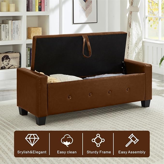 48” Storage Ottoman Bench, Upholstered Button-Tufted End of Bed Bench with Soft-Close Hinge & Solid Wood Legs, Foot Rest for Living Room, Bedroom, Hallway (Faux Leather, Brown)