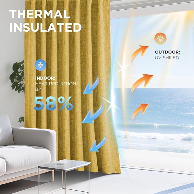 Joydeco Blackout Curtains for Bedroom - 84 Inch Long 100% Light Blocking 2 Panels Set Yellow Drapes, Thermal Insulated Room Darkening Curtains, Linen Textured for Living Room, Rod Pocket & Back Tabs