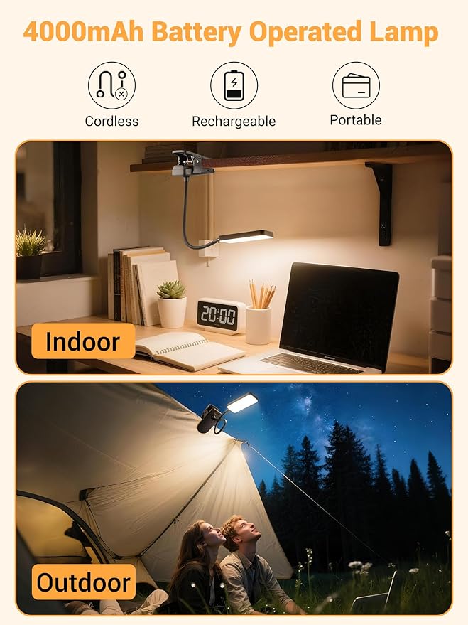 Clip on Light,9 Brightness+5 Color Rechargeable Desk Lamp,4000mAh Battery Operated Lights,450 Lumen 48 LED Desk Lamp with Clamp Light,Cordless Reading Lamps for Bed/Headboard/Bedside Table
