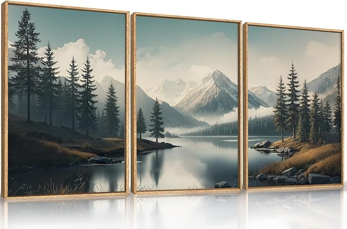 LHIUEM Large Mountain Misty Forest Framed Canvas Wall Art,Nature Ridge Foggy Wall Decor,Snow Lake Woodland Wall Painting,Pine Tree Artwork for Living Room,Bedroom,Dining Room,Office -16"x24"x3