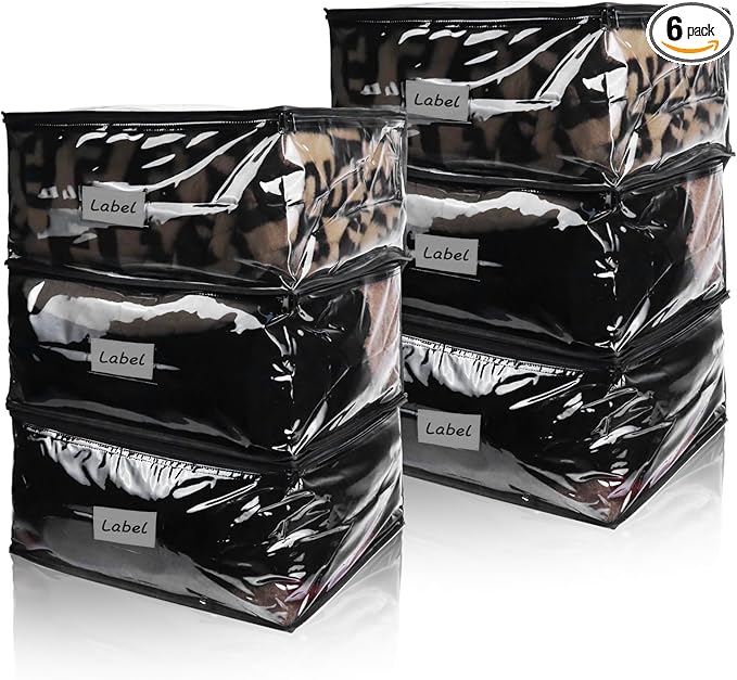 Clear Zippered Storage Bags Plastic Sweater Storage Bags with Zipper 6 Packs Clothing Organizer for Blankets Linen Sweater Bed Sheet Quilt Clothes Pillow (18 x 15 x 9 Inch, Black)