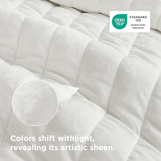 Bedsure Velvet Quilt Queen Size Set - Lightweight Velvet Comforter Queen, Luxury Bedspread Coverlet, Ultra-Soft Winter Bedding Set with 2 Pillow Shams, 90"x96", Cream White