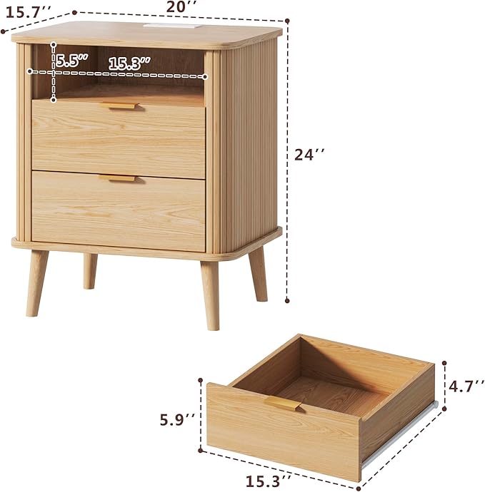 Fluted Nightstands Set of 2, Mid Century Modern Bedside Table with Drawer & Open Shelf, Curved Profile Design, Night Stand with Charging Station, End Side Table with Storage for Bedroom, Oak