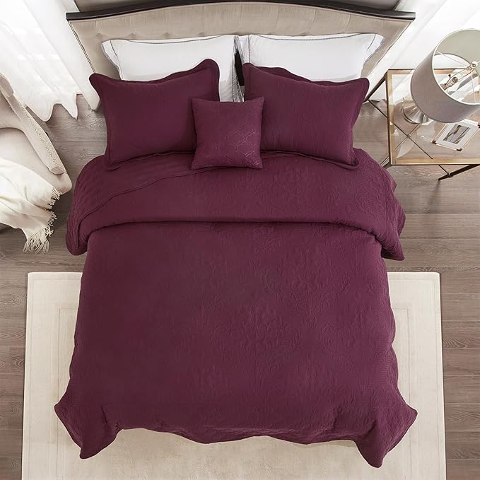 CHIXIN Bedspread Coverlet Quilt Set Full Size - Lightweight Bedding Cover - Ultrasonic Quilting - 5 Piece Reversible Bedspread - Elegant Damask Paisley Pattern (Full, Purple)