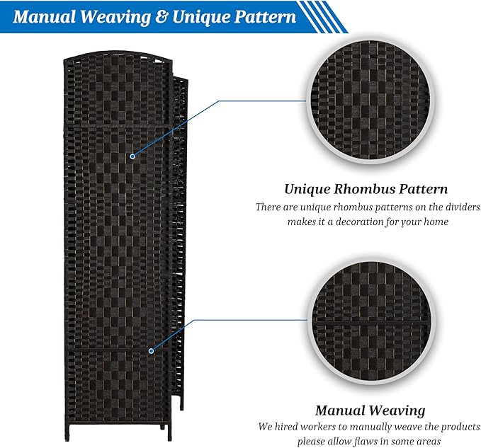 VINGLI 6-Panels Tall Rattan Room Divider, 6 FT Folding Privacy Screen, Indoor Partition Wall Dividers, Freestanding Hinged Space Separator (Black)