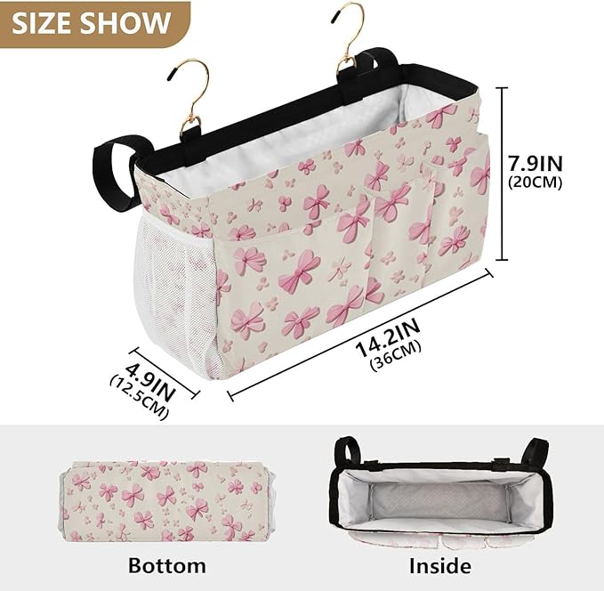 Bedside Caddy Hanging Bunk Bed Caddy Bed Organizer Hanging Pocket with 2 Hooks Bedside Storage Organizer Pocket Bag Holder Pink Cute Bow