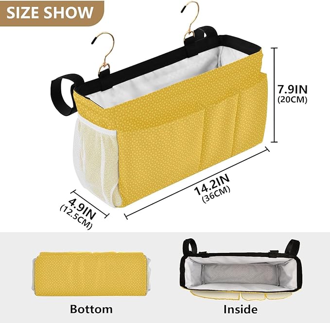 Bedside Caddy Hanging Bunk Bed Caddy Bed Organizer Hanging Pocket with 2 Hooks Bedside Storage Organizer Pocket Bag Holder Yellow